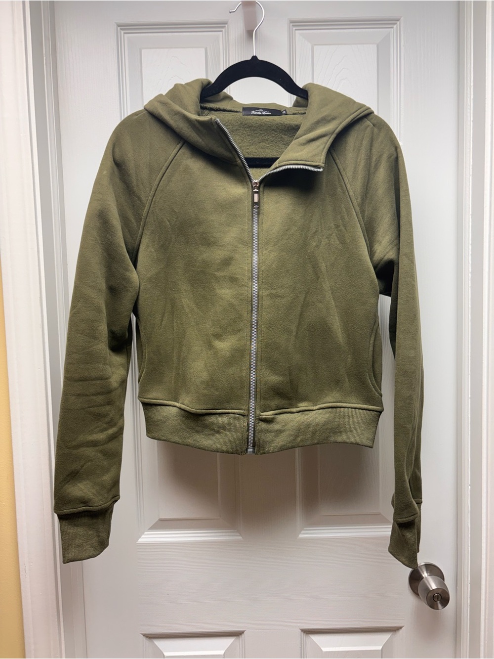 Trendy Queen Olive Green Cropped Zip-Up Hoodie Jacket | Medium